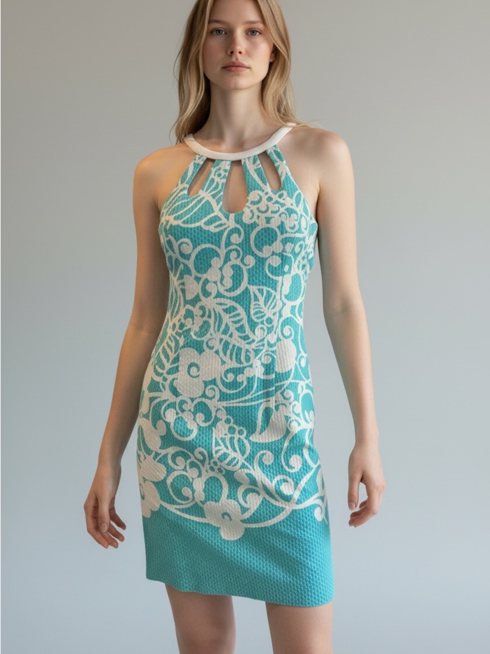 Lilly Pulitzer Teal and Cream Halter Cutout Mini Dress